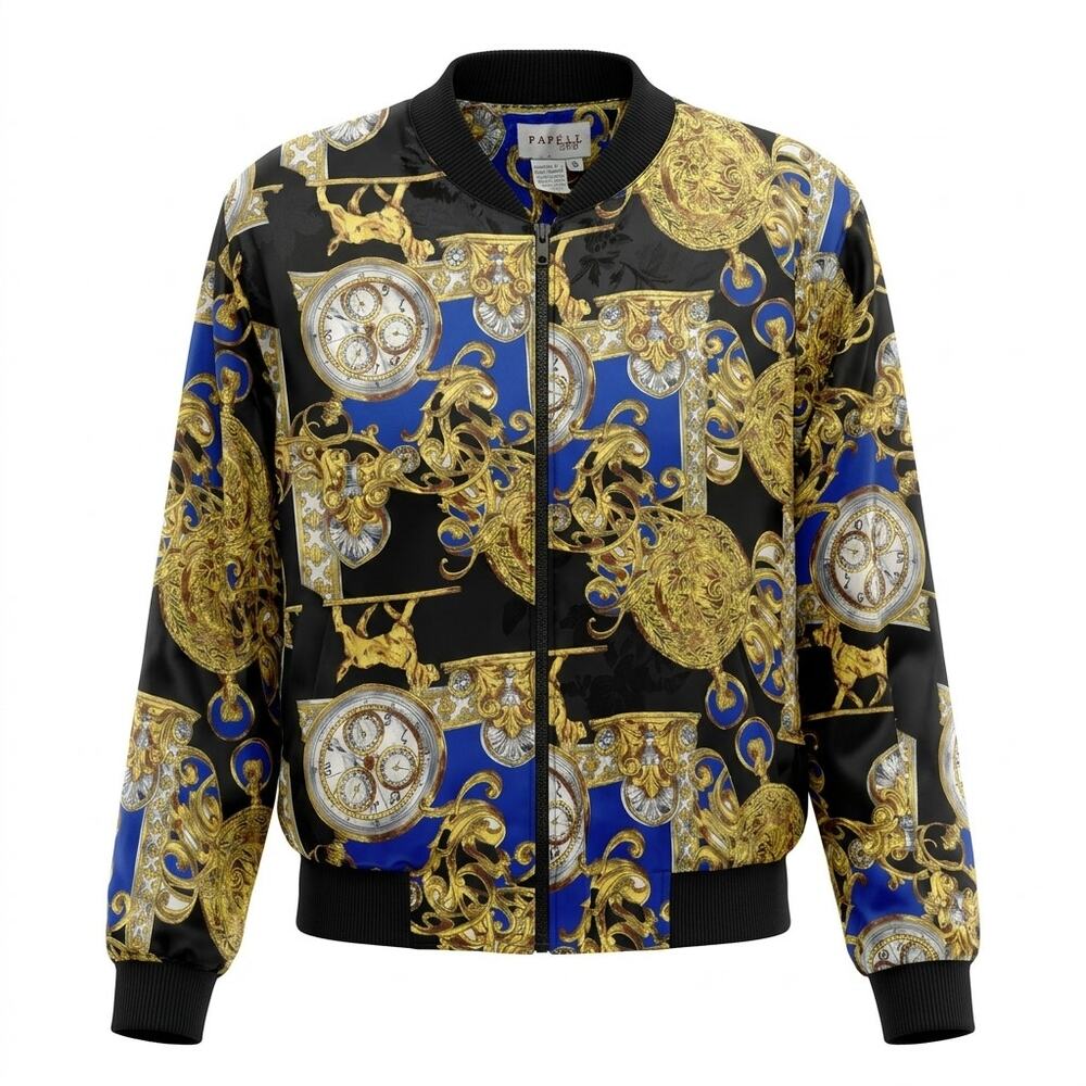Vintage Papell Too Baroque Satin Bomber Jacket Black Gold Blue Women Size S